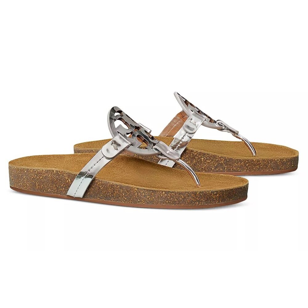 NIB Tory Burch Miller Cloud Leather Sandal Metallic Silver 6.5 7 7.5 8 8.5 9 9.5